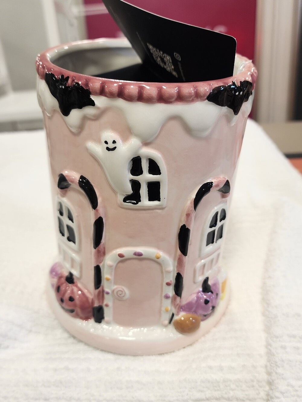 Dabney Lee Ghost Cottage Ceramic Utensil Holder - Pink Halloween